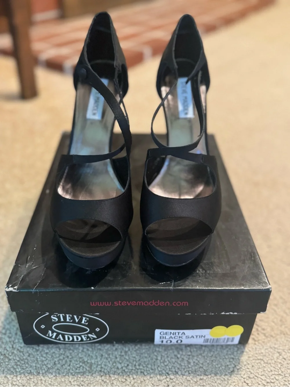 Steve Madden Black Satin Peep-Toe Platform Heels